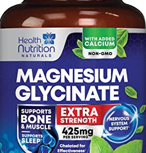 Magnesium Glycinate 425 mg with Calcium - Max Absorption Magnesium Tablets for Muscle, Nerve, Bone & Heart Health Support, Minor Muscle Cramp Support - Non-GMO, Vegan Supplement - 60 Tablets